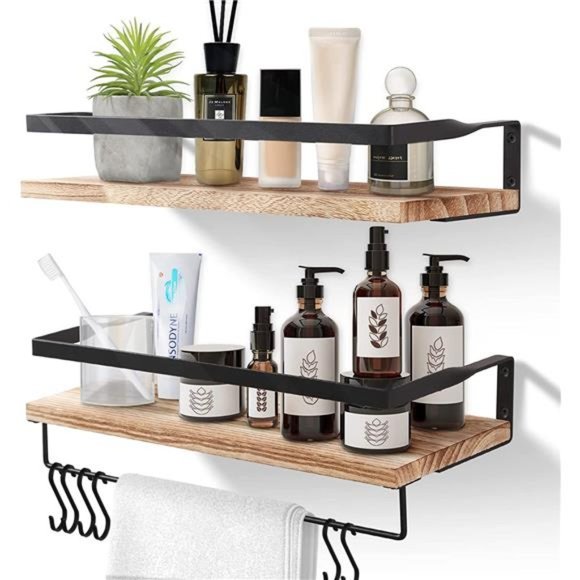 Floating Shelves Solid Wood Wall Mounted Shelf Set of 2 Light Brown
